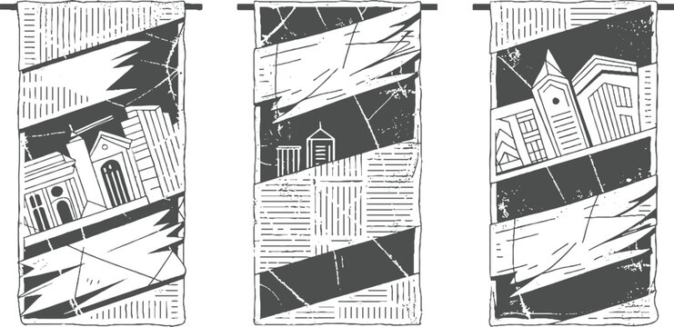 Three monochrome banners featuring abstract cityscapes with geometric buildings and textured backgrounds