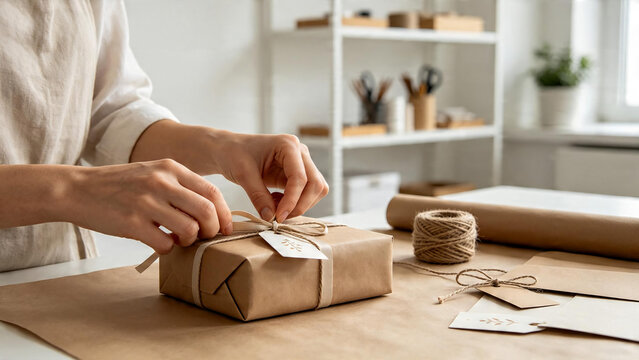 Hands Wrapping Handmade Gift Package with Kraft Paper and Twine