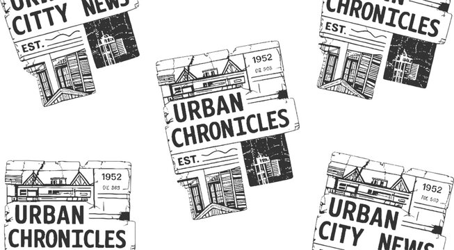 Five distressed black and white newspaper mastheads featuring urban architecture and text chronicles