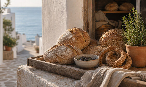 Fresh local bread at a quiet island bakery window