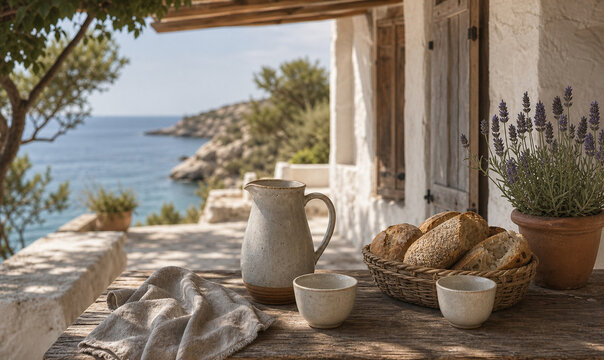 Quiet seaside guesthouse veranda with ceramic breakfast table