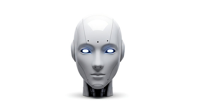 Robot head, futuristic android face, metallic humanoid, blue glowing eyes