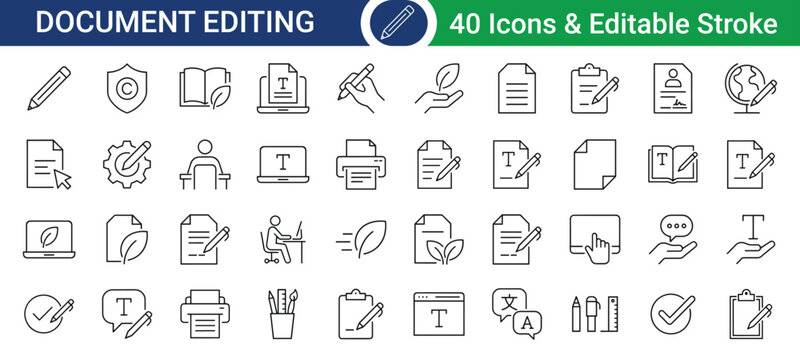 Set of document editing icons with editable stroke, vector illustration