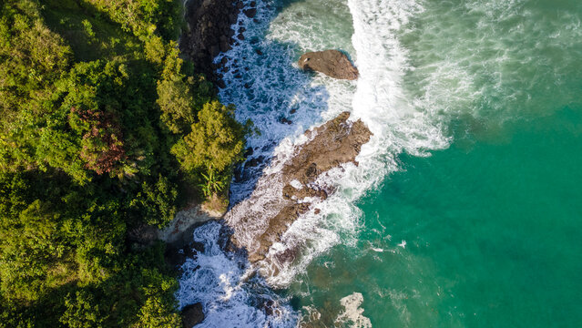 Aerial view of lush green vegetation meeting dark volcanic rock formations and turquoise ocean waves crashing against the rugged coastline in Kebumen, Central Java, Indonesia.
