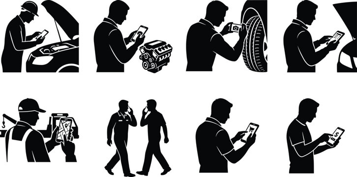 Auto mechanic technician and car inspector silhouette vector bundle using smartphone apps for vehicle diagnostics workshop service