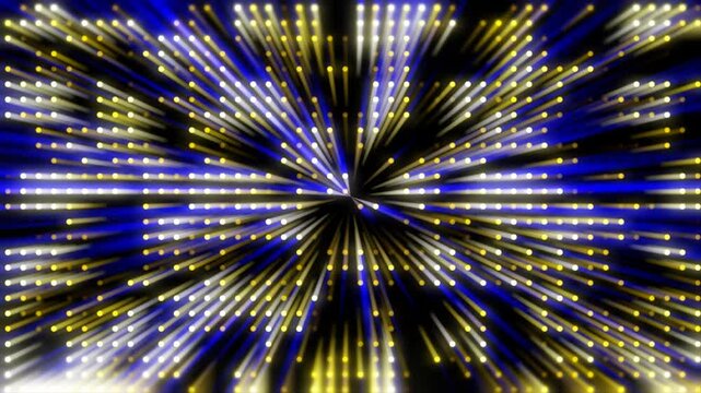 Energetic radial explosion of blue, yellow, and white glowing dotted light rays moving from center. Perfect for concert backgrounds or VJ loops.