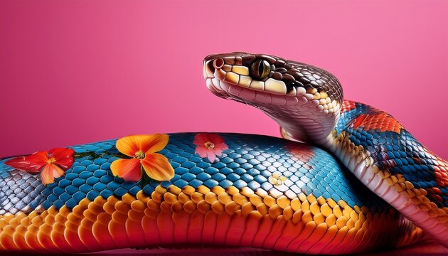 real snake with vibrant floral patterns photographed on a pink background