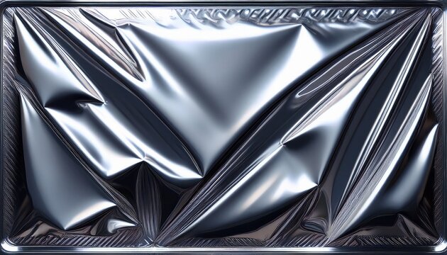 abstract silver chrome plastic wrap texture featuring square vacuum sealed indentation with glossy reflections and halftone grain for futuristic 3d background