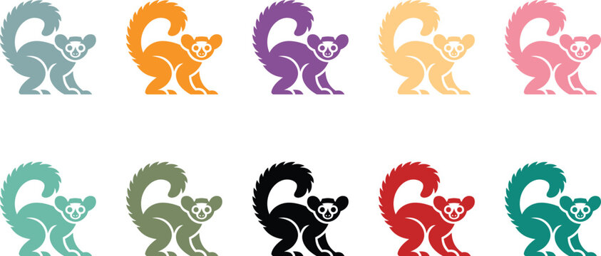 Colorful Lemur Silhouette Set on White Background, Vibrant Lemur Silhouette Collection Wildlife Graphic