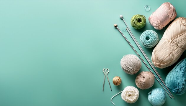 assorted knitting yarn and crochet tools on pastel teal background with copy space