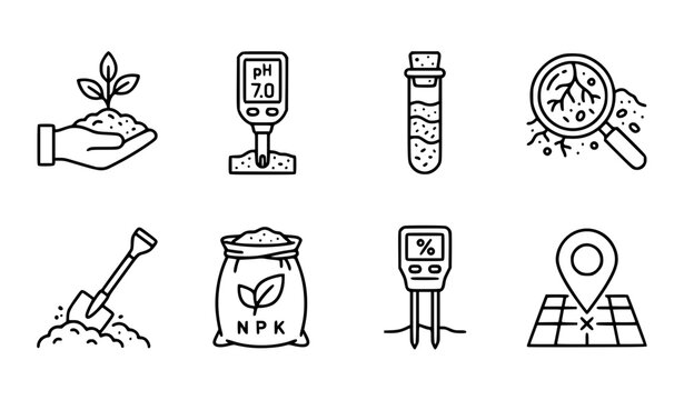 Soil Testing and Agronomy Icon Set with Line Art Symbols for NPK Fertilizer Analysis PH Meter Moisture Level and Smart Agriculture Technology Graphics