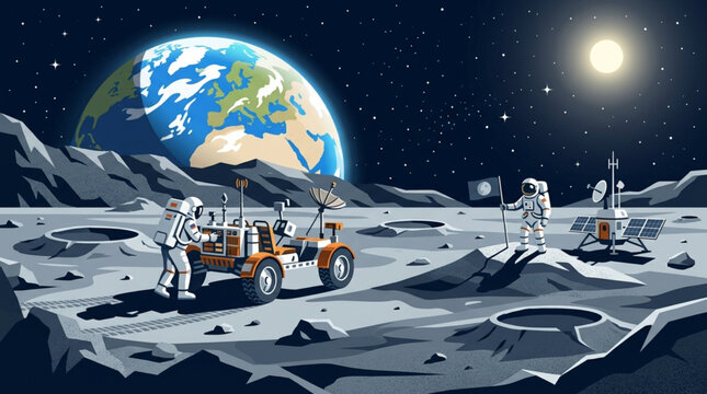 Astronauts exploring the moon surface with earth in the background.