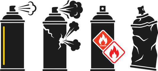 Four hazardous aerosol spray cans with toxic warning labels and red