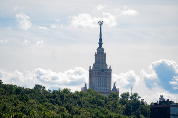 Naklejka premium Lomonosov Moscow State University main building Soviet architecture landscape panorama. 