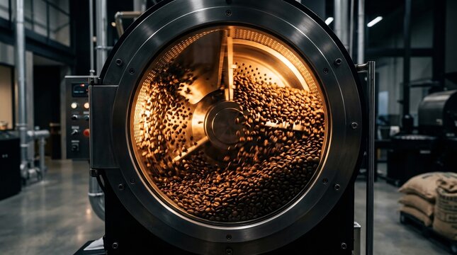 Roasted coffee beans tumbling inside a professional industrial roasting machine drum with warm lighting