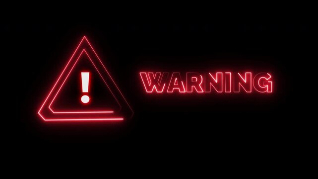warning sign flashing red glowing neon, caution information alert on transparent background or blackbackground, 4k video