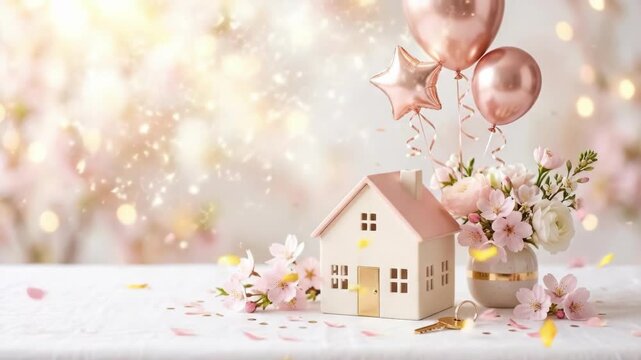 Small white house model on table with golden key. Surrounded by pink cherry blossoms, balloons and stars. Housewarming and new home concept for real estate celebration and moving in dream property