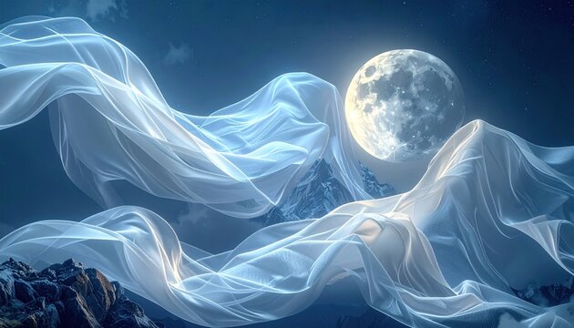A moonlit, ethereal landscape with floating fabric over mountains, and starry sky