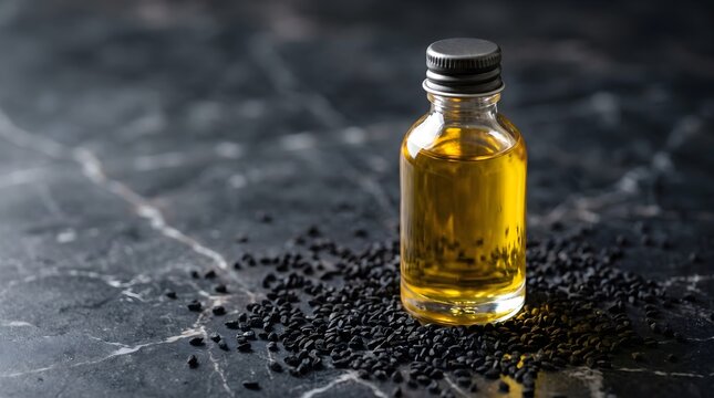 Black cumin seed oil in glass bottle, organic nigella sativa oil for wellness, herbal essence on dark marble background