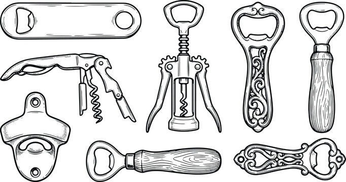 Vintage engraved illustration collection of bottle openers corkscrews and bar tools accessories set