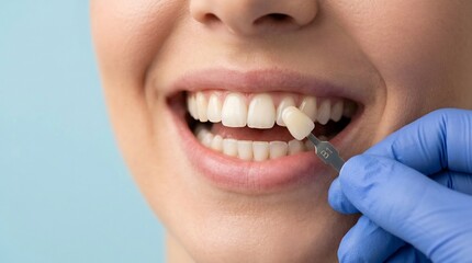 Naklejka premium Close-up of a dental professional using a tooth shade guide to match the color of a patient's enamel for restoration
