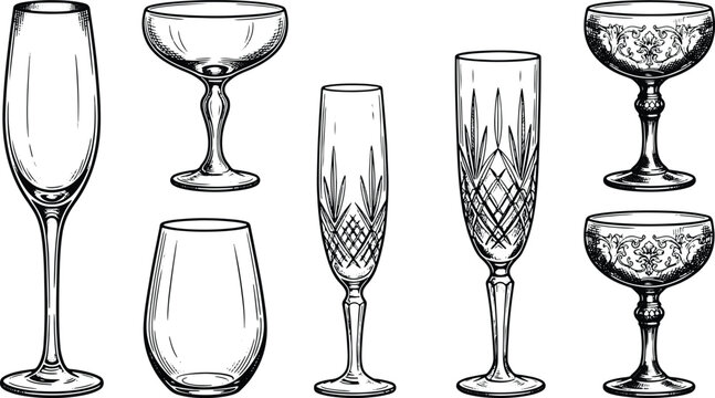 Vintage engraved illustration collection of elegant cocktail glassware featuring champagne coupe and goblets