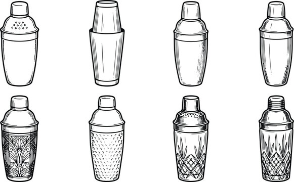 Vintage engraved illustration collection of classic cocktail shakers for bartending and mixology tools