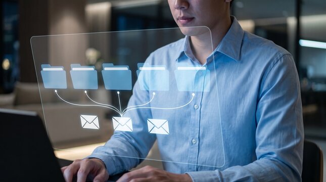 Business professional organizing email communication flow and digital folders on interactive glass display in corporate office