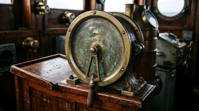 Vintage brass ship telegraph in a wooden bridge cabin, antique nautical engine order telegraph, weathered maritime navigation equipment on a vessel
