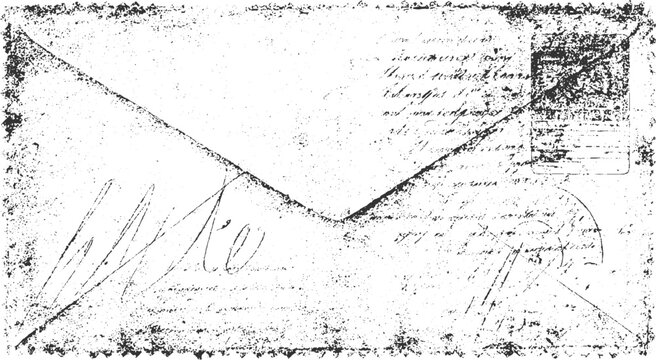 Vintage distressed black and white envelope with handwritten script and postage stamp