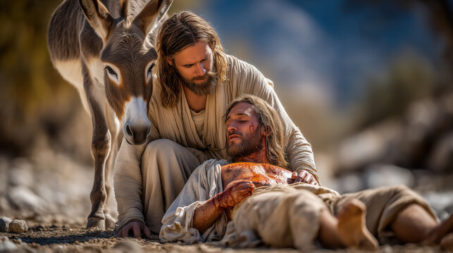 Good Samaritan helping an injured man on the roadside in an ancient biblical scene of compassion