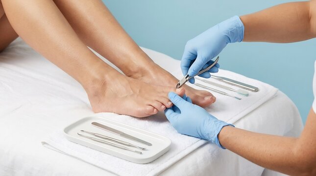 Professional podiatrist in blue gloves performing medical pedicure on female feet using specialized steel nail care tools in a clean clinic