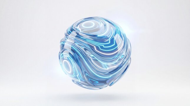 Glowing blue glass sphere with swirling neon light patterns on a white background