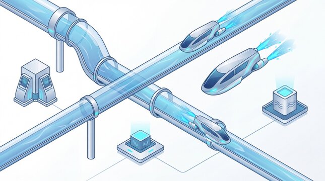 Futuristic vacuum tube transportation system with sleek silver pods and blue tubes on white background