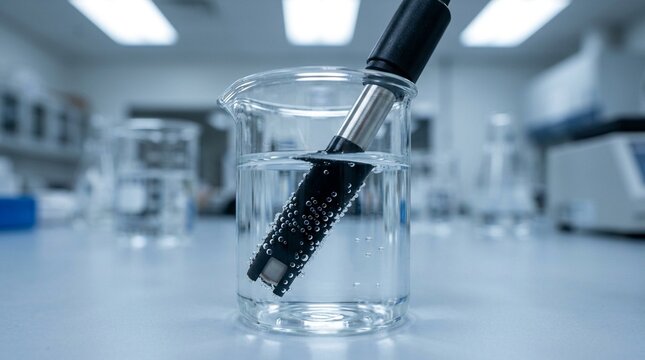 Dissolved oxygen calibration step with probe submerged in air-saturated deionized water in a small beaker, tiny bubbles clinging to the probe membrane - Biotech Laboratory Stock Photo, No People