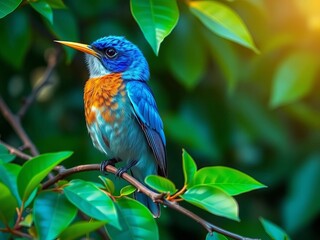 Fototapeta premium A bright blue bird with a shiny yellow beak sings from a branch amidst lush green leaves, sunshine, branches