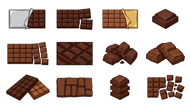 Collection of Delicious Chocolate Bars and Pieces Isolated on White Background.