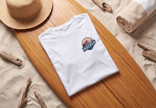 Premium Folded T-Shirt on Wooden Surfboard at the Beach Mockup