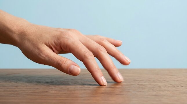 Close-up of a human hand tapping fingers on a brown wooden tabletop expressing impatience or waiting