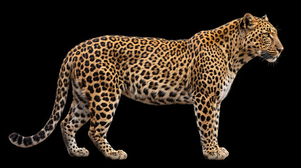Fototapeta premium Leopard, wild cat, spotted animal, golden fur, black spots, isolated on black