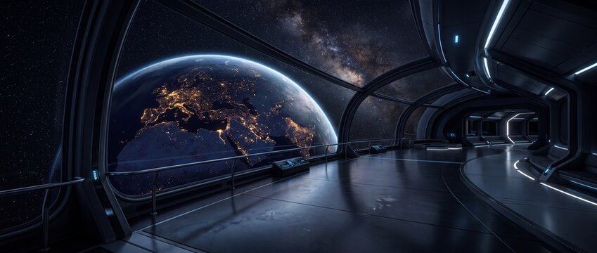 Futuristic space station interior with large curved glass window showing planet earth at night and milky way galaxy in cosmos