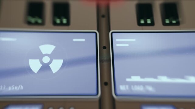 Control panels from a nuclear power plant showing the radiation level and Network Load