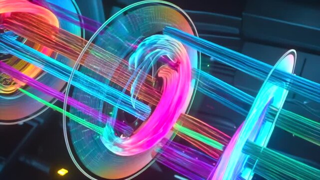 Data streams flowing side interface view through colorful circular portals, light trails and digital motion for network transfer, technology visualization, signal processing, and data systems media