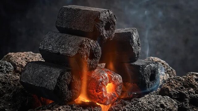 Stacked hexagonal charcoal briquettes burning with a bright orange glow, emitting wisps of white smoke against a dark, textured background.