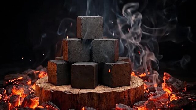Stacked charcoal cubes on a wood stump amid glowing embers, sparks, and smoke in a dark environment.