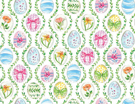 Watercolor Easter Eggs Seamless Pattern with Spring Flowers, Botanical Wreaths and Hand Painted Illustration