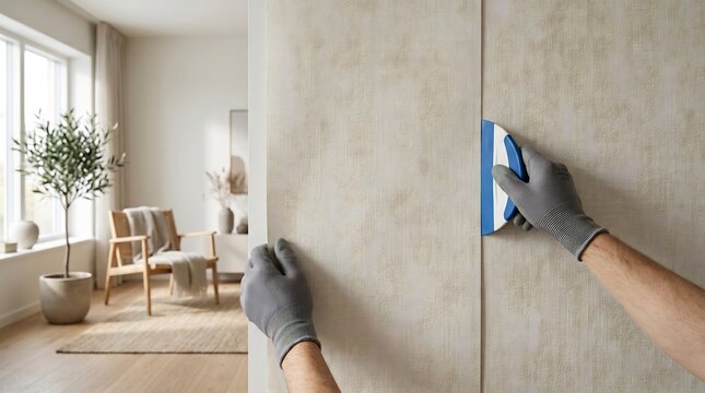 Person in protective gloves installing textured beige wallpaper in a modern bright living room using a smoothing tool