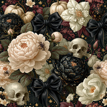 Seamless watercolor Halloween pattern featuring elegant blush peonies, black flowers, vintage skulls, black satin bows, pumpkins and botanical elements in a romantic pink goth aesthetic.