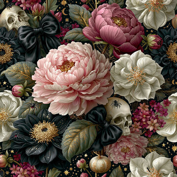 Seamless watercolor Halloween pattern featuring elegant blush peonies, black flowers, vintage skulls, black satin bows, pumpkins and botanical elements in a romantic pink goth aesthetic.