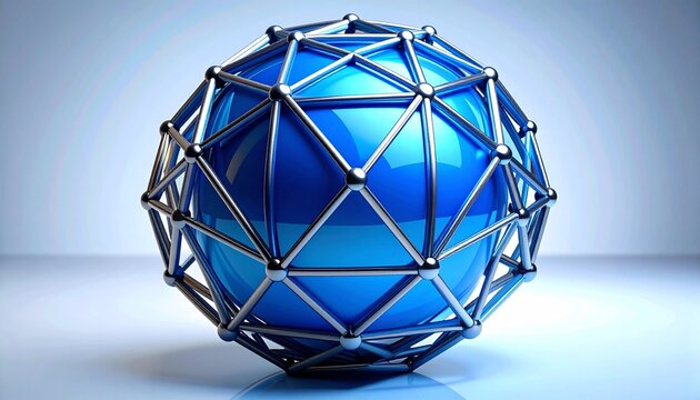 Metallic polyhedral framework encasing glossy blue sphere, symbolizing geometry, technology, and innovation through structural precision and aesthetic contrast.
